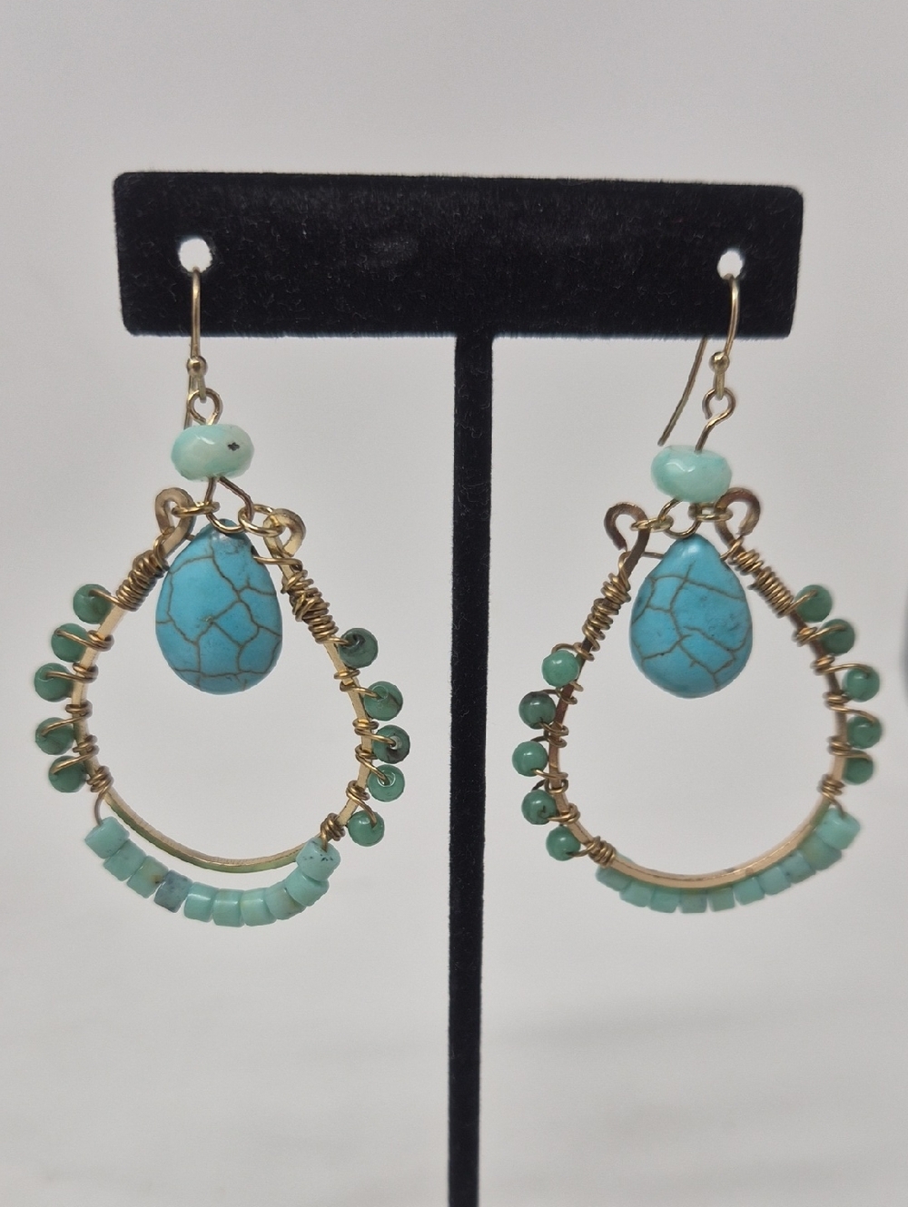 Vintage Turquoise Drop Hoop Earrings with Aqua Beads